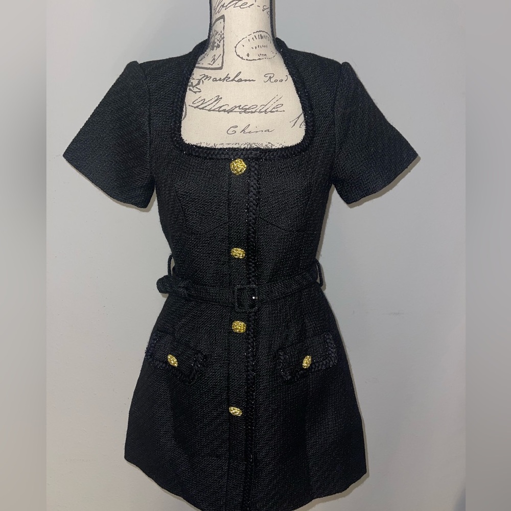 Self-Portrait Black Mini Dress with Gold Buttons